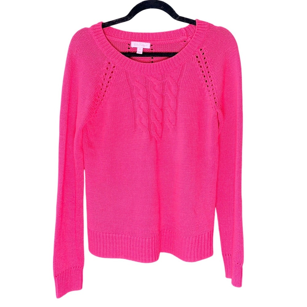 Lilly Pulitzer Sweater Womens Medium Pink Cable Knit Pointelle Crew Neck 87682